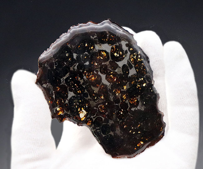 宇宙が作り出した宝石！。透明度が高い状態の良いかんらん石を多数含む、ケニア産のパラサイト隕石（本体防錆処理済み）（その5）