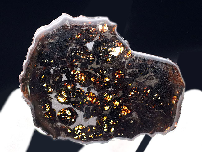 宇宙が作り出した宝石！。透明度が高い状態の良いかんらん石を多数含む、ケニア産のパラサイト隕石（本体防錆処理済み）（その7）