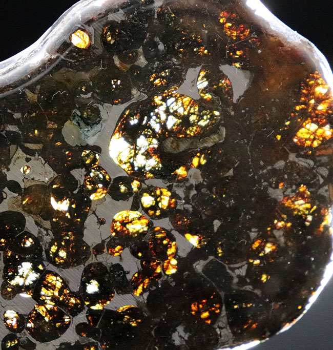 透明度の高いかんらん石が作り出す黄金の輝き！ケニヤ・セリコ産、２０１６年に発見された新しいパラサイト隕石（本体防錆処理済み）（その1）