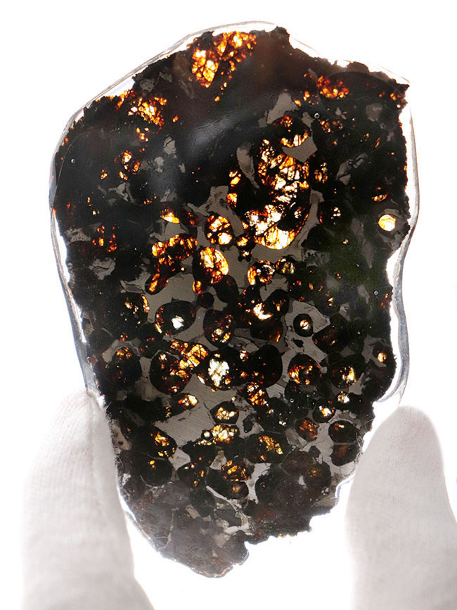 透明度の高いかんらん石が作り出す黄金の輝き！ケニヤ・セリコ産、２０１６年に発見された新しいパラサイト隕石（本体防錆処理済み）（その2）