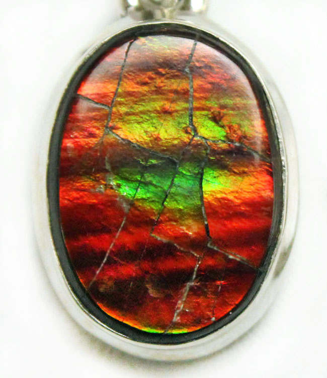 大きな色の変化！濃い輝き！赤と緑の色の変化が面白いアンモライト（Ammolite）を使ったペンダントトップ（その2）