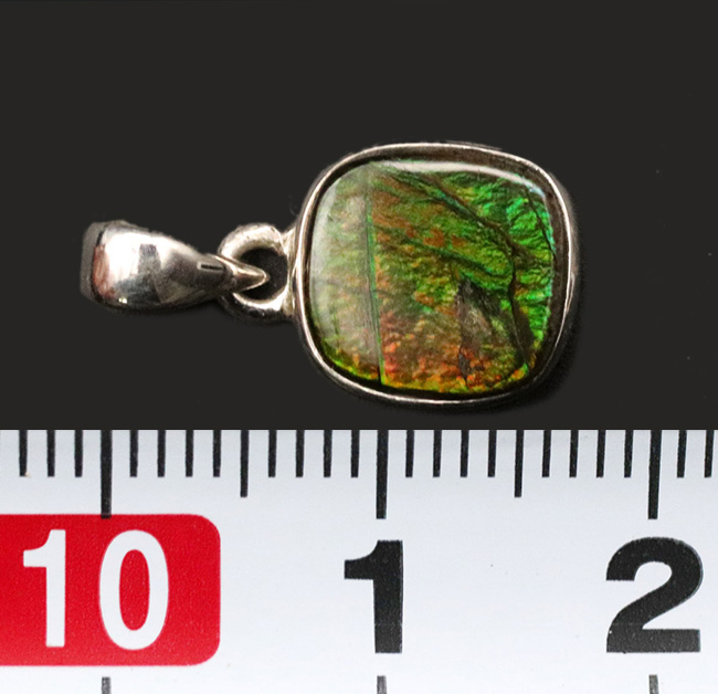 グリーンとオレンジの美しい遊色を伴ったアンモライト(Ammolite)を使ったペンダントトップ。金具はスターリングシルバー。チェーン、革紐、ジュエリーケース付き(その6)