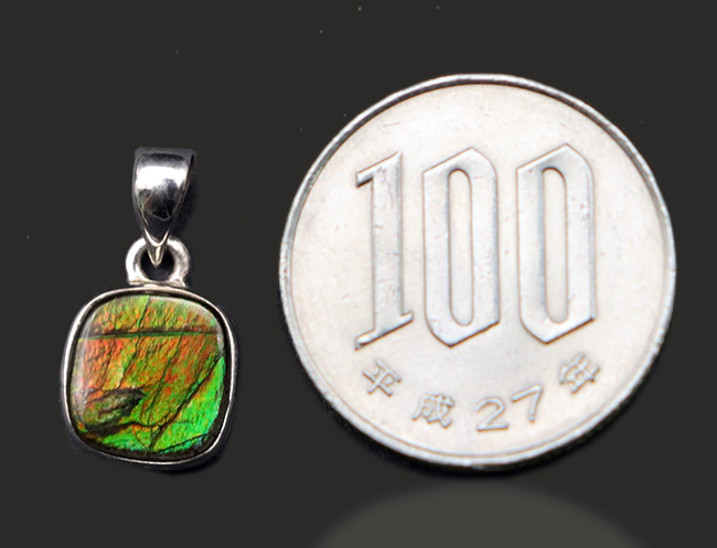 グリーンとオレンジの美しい遊色を伴ったアンモライト(Ammolite)を使ったペンダントトップ。金具はスターリングシルバー。チェーン、革紐、ジュエリーケース付き(その7)