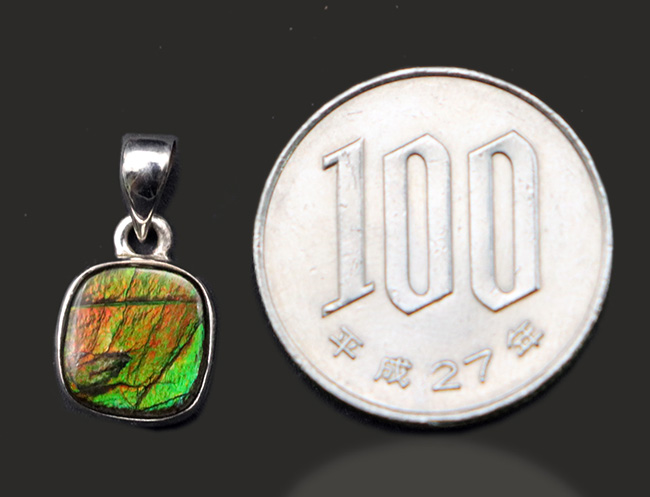 グリーンとオレンジの美しい遊色を伴ったアンモライト（Ammolite）を使ったペンダントトップ。金具はスターリングシルバー。チェーン、革紐、ジュエリーケース付き（その7）