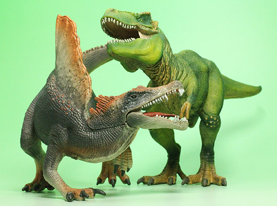 ティラノサウルスとスピノサウルス恐竜フィギュア2体セット 本物化石1