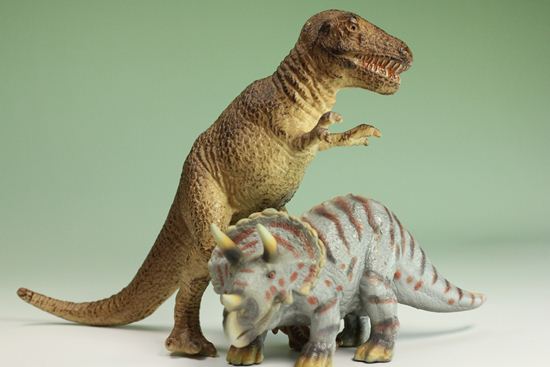 ティラノサウルスとトリケラトプス恐竜ミニフィギュア2体セット(本物化石1個つき)(その3)