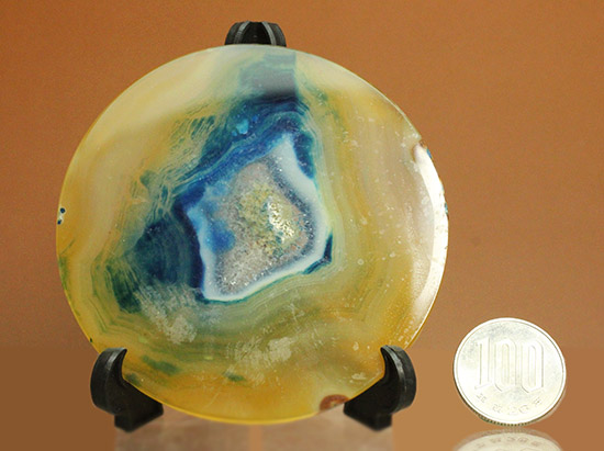 イエロー×ブルーの配色が目に鮮やかな、鉱物メノウスライス標本(agate)（その10）