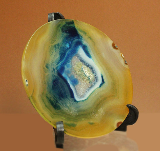 イエロー×ブルーの配色が目に鮮やかな、鉱物メノウスライス標本(agate)（その5）