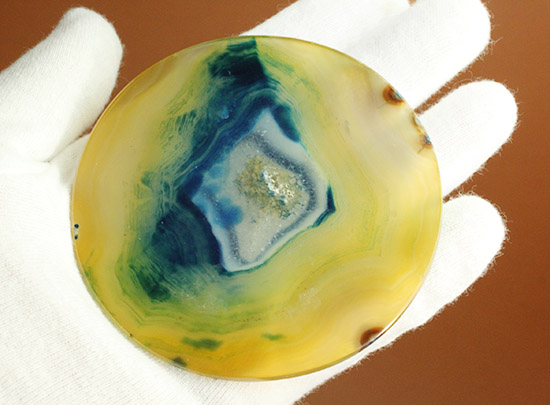 イエロー×ブルーの配色が目に鮮やかな、鉱物メノウスライス標本(agate)（その7）