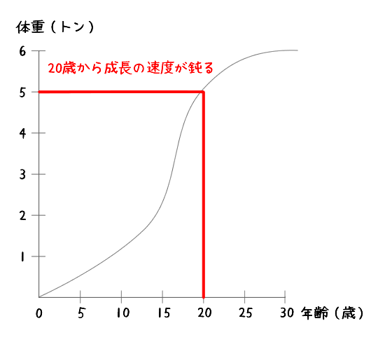 恐竜ティラノサウルスと成長の関係を表したグラフ