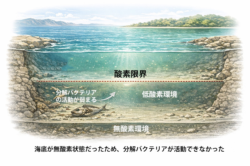 酸素境界と無酸素環境の模式図