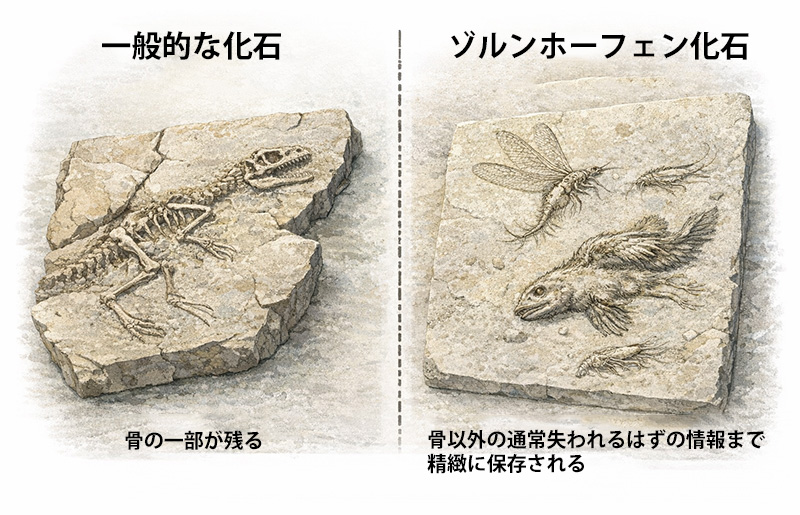一般的な化石とゾルンホーフェン化石の比較
